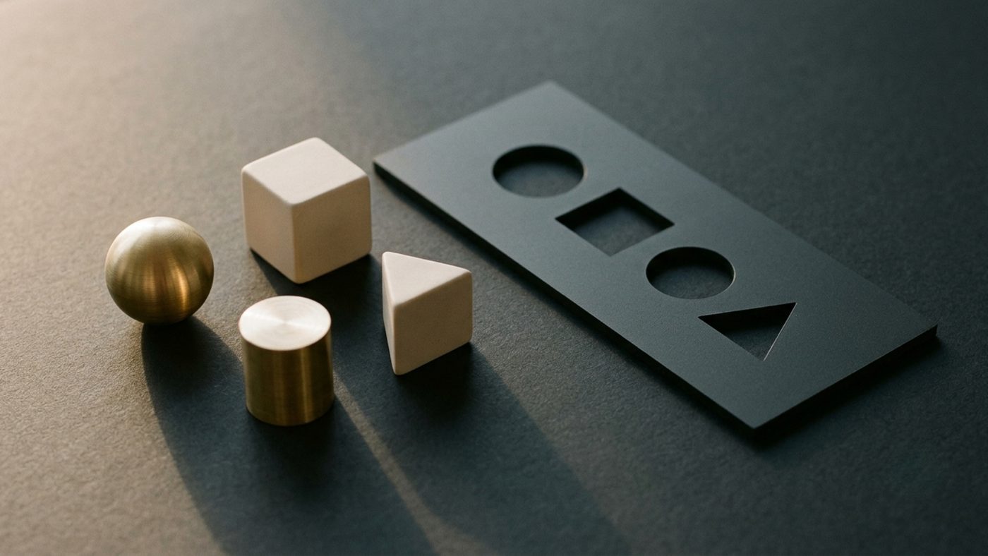 Brass and wood geometric shapes beside a dark sorting plate with matching circle, square, and triangle cutouts