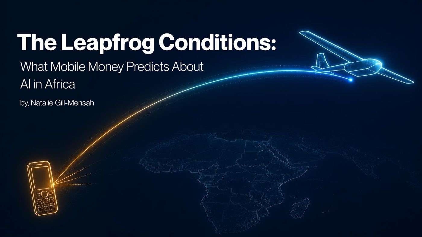 A glowing arc connects a basic mobile phone to a delivery drone above a map of Africa